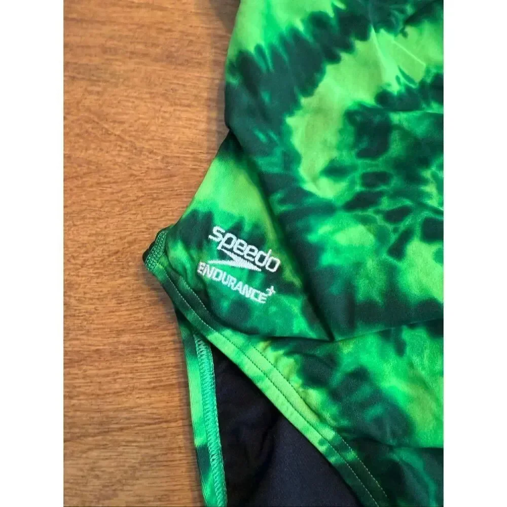 Speedo Youth Endurance+ Tie Dye Open Back One Piece Swimsuit Green Sz 40 NWOT